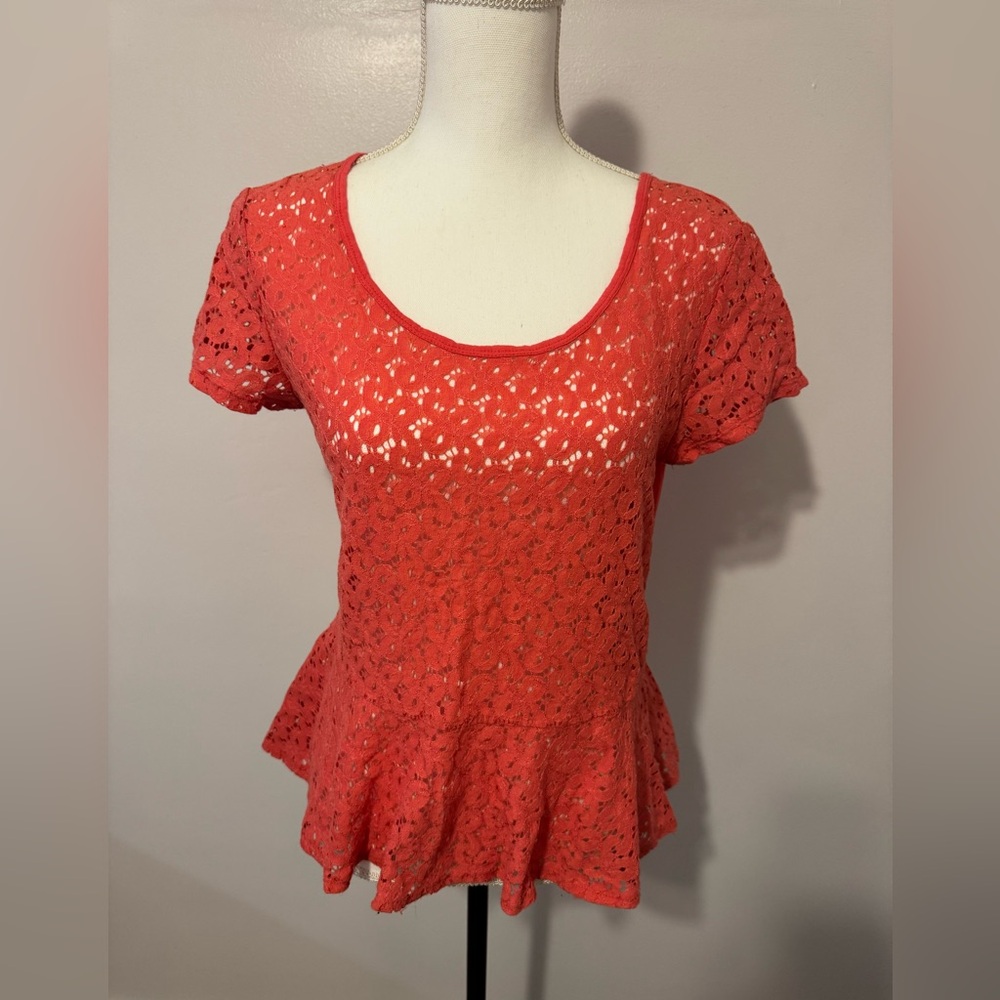DKNYC, orange lace peplum short sleeve es top, medium